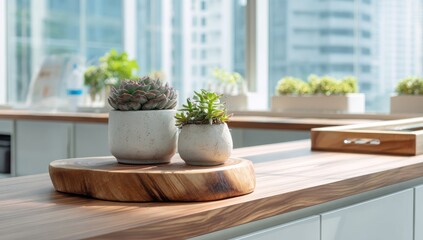 Fototapeta premium Succulents in small pots on a wooden board, modern kitchen