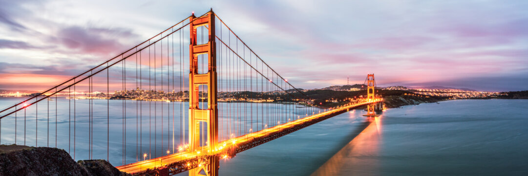 Panoramic of Golden Gate bridge at dawn, San Francisco, USA