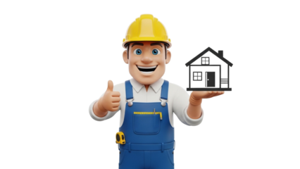 Happy Cartoon Builder Holding House Blueprint with Thumbs Up isolated