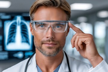 Doctor wearing augmented reality glasses for medical examination