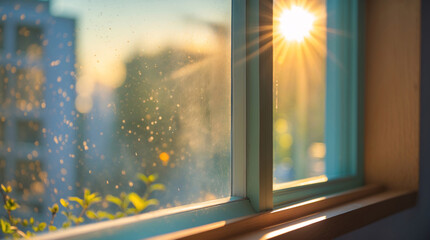 sunrise city view through modern glass window warm morning light fills quiet living room aesthetic wallpaper background