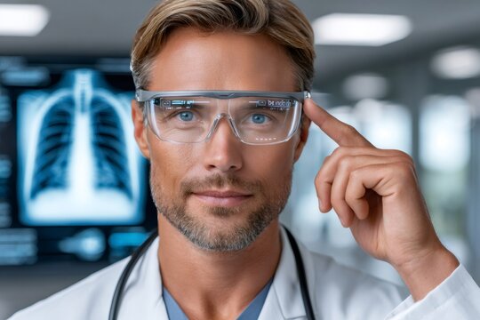 Doctor wearing augmented reality glasses for medical examination