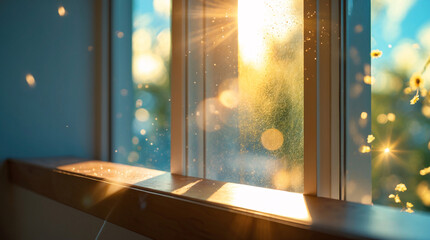city buildings seen through window with soft golden morning light inside quiet residential space aesthetic wallpaper background