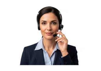 Professional woman customer service representative wearing headset png image for call center support, help desk agent, isolated on transparent background
