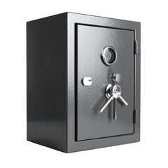 A dark gray metal safe with a circular viewer, combination lock, and two handles, angled slightly