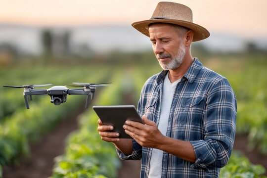 Farmer controlling drone with tablet for smart farming