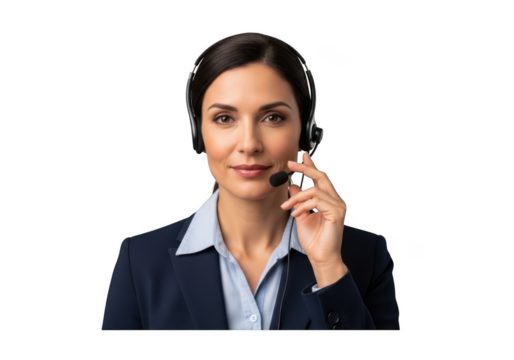 Professional woman customer service representative wearing headset png image for call center support, help desk agent, isolated on transparent background - Powered by Adobe