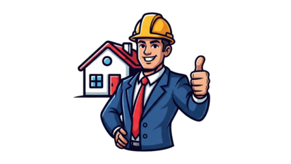 Cheerful Builder with House Approval Cartoon Illustration