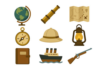Victorian Explorer Icons. Flat icon set of Victorian explorers: globe, telescope, map, compass, safari hat,