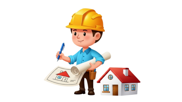 Cartoon Home Builder Character with Blueprint and House Model Illustration
