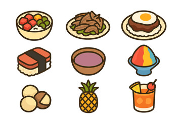 Hawaiian Cuisine Icons. Flat icon set of Hawaiian cuisine: poke bowl, kalua pig, loco moco, spam musubi, poi