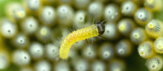 Newborn caterpillar Pieris brassicae emerging from cabbage butterfly eggs in macro close up