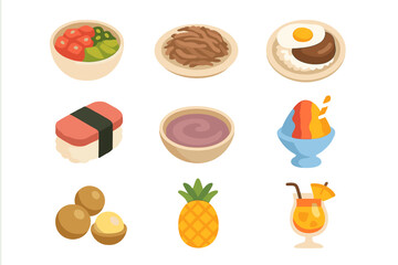 Hawaiian Cuisine Icons. Flat icon set of Hawaiian cuisine: poke bowl, kalua pig, loco moco, spam musubi, poi