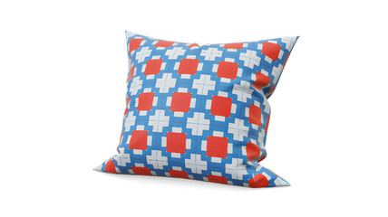 Decorative pillow with geometric pattern red and blue colors Modern textile design Isolated on white background