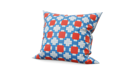 Decorative pillow with geometric pattern red and blue colors Modern textile design Isolated on white background