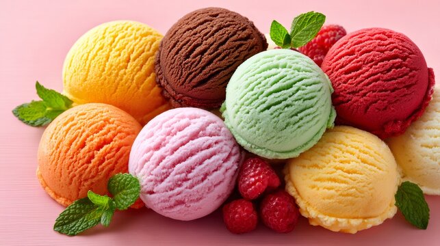 Colorful ice cream scoops with fresh raspberries and mint