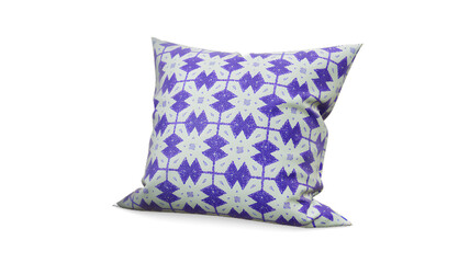 Purple pillow with geometric pattern Home decor textile design Modern style Isolated on white background