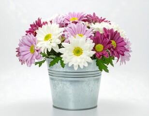 Bouquet of colorful daisies in a tin bucket