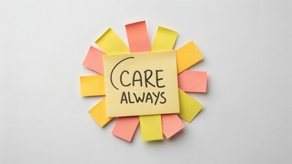 Bright Note with Message to Care Always on Colorful Sticky Notes