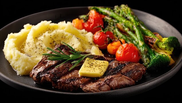 Gourmet steak dinner with mashed potatoes and roasted vegetables