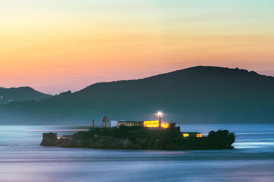 Alcatraz island in the bay at sunset, San Francisco, USA