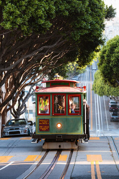 Cable car on the hills of San Francisco, California, USA