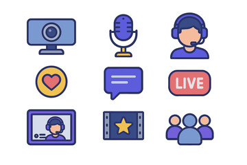 Fototapeta premium Esports Streaming Icons. Flat icon set of esports streaming: webcam, microphone, streamer avatar, donation