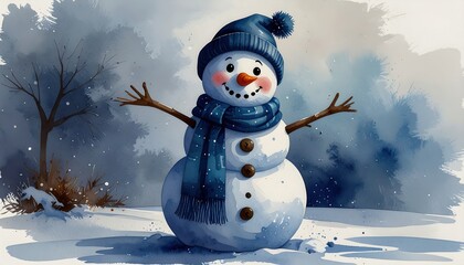 Obraz premium Cute snowman with a bright smile and playful wink welcomes everyone with open arms during winter's serene snowfall