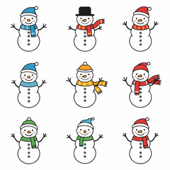 A charming collection of cartoon snowmen, each adorned with a different colorful hat and scarf, ideal for festive winter holiday illustrations.