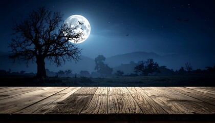 Empty wooden table at night, full moon