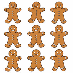 A cheerful grid of nine identical gingerbread men cookies, featuring simple cartoon illustrations with white icing details, perfect for holiday and baking themes.