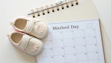 Baby Shoes on Calendar with Marked Day for Special Event Planning