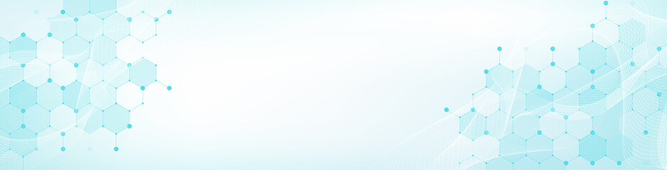 Modern health care or medical background design. Health care innovation concept. Horizontal header web banner. Abstract geometric background with hexagon shapes for medicine, science, chemistry.