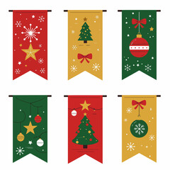 Collection of festive Christmas holiday banners featuring classic decorations like snowflakes, trees, stars, and ornaments in red, green, and gold colors.