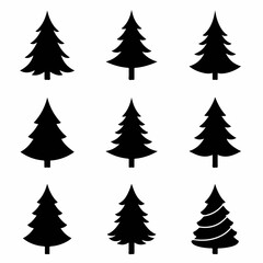 Obraz premium Collection of black Christmas tree silhouettes on a white background, featuring various simple and stylized evergreen shapes for holiday designs and winter themes.