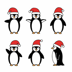 Cute cartoon penguins wearing Santa hats in various cheerful poses, perfect for holiday and Christmas season designs.
