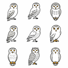 Collection of Adorable Cartoon Snowy Owls Icons Set. Simple Vector Illustrations of Arctic Birds with White Feathers and Yellow Eyes.