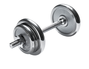 Chrome dumbbell with threaded barbell and weight plates, isolated on black background