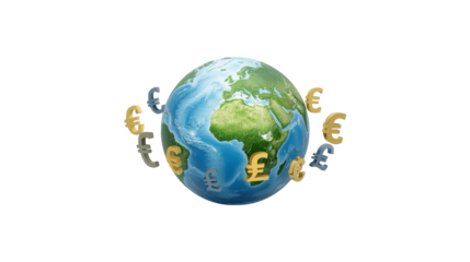 Realistic Earth Globe with Euro and Pound Currency Illustration on Dark Backdrop