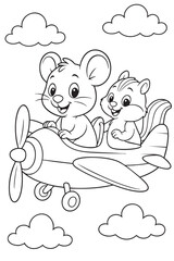 Mouse and Chipmunk on an Airplane Coloring Page