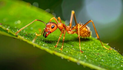 Macro shot of an orange ant on a leaf