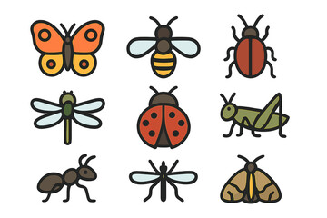 Insect Icon Collection. Flat icon set of insects: butterfly, bee, beetle, dragonfly, ladybug, grasshopper, ant