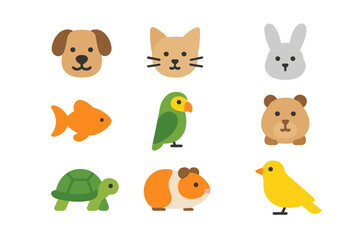 Fototapeta premium Pet Icons Grid. Flat icon set of pets: dog, cat, rabbit, goldfish, parrot, hamster, turtle, guinea pig, canary