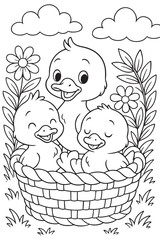 Ducklings in a Basket Coloring Page