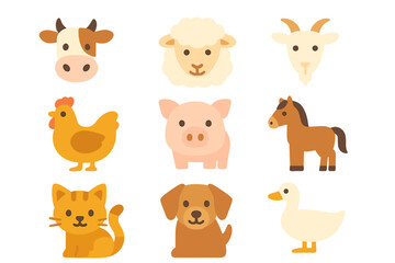 Farm Animal Icons. Flat icon set of domesticated animals: cow, sheep, goat, chicken, pig, horse, cat, dog,