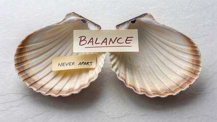 Balance Symbolized by Scallop Shells and Sticky Notes Displaying Words