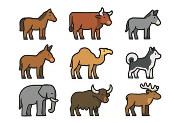 Fototapeta premium Working Animals Icons. Flat icon set of working animals: horse, ox, donkey, mule, camel, sled dog, elephant,