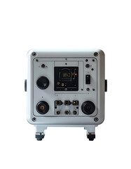 Fototapeta premium White, compact, boxy device with a digital display, knobs, ports, and small feet, suggesting electronic or technical use
