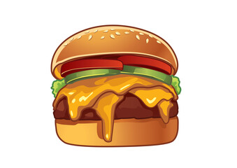 Delicious cartoon cheeseburger with melted cheese, lettuce, tomatoes, and pickles visually appealing for fast food advertising