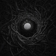 Surreal concept of cosmic orb with sacred geometry pattern protected in dark tangled nest